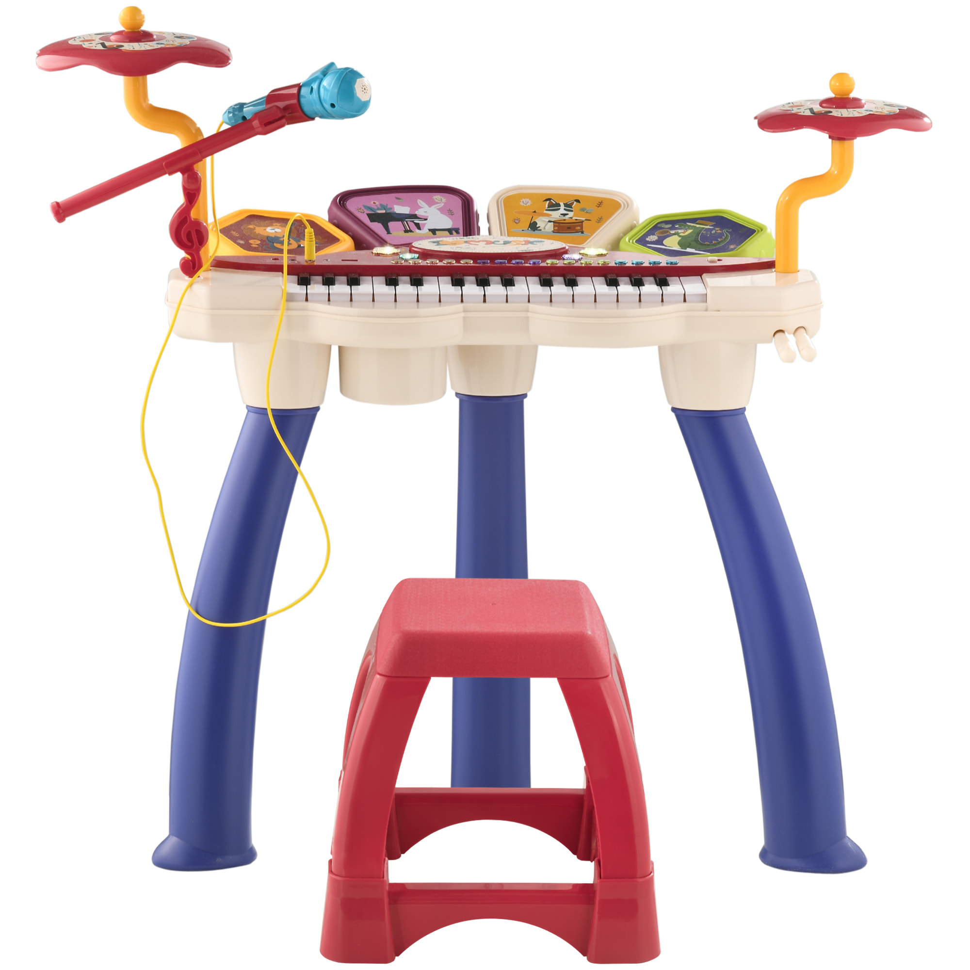 Piano Electrónico Infantil de 32 Teclas Juego de Piano 2 en 1 con Batería Micrófono Taburete Luces 19 Canciones 4 Sonidos y Volumen Ajustable 74x32,2x71 cm Multicolor