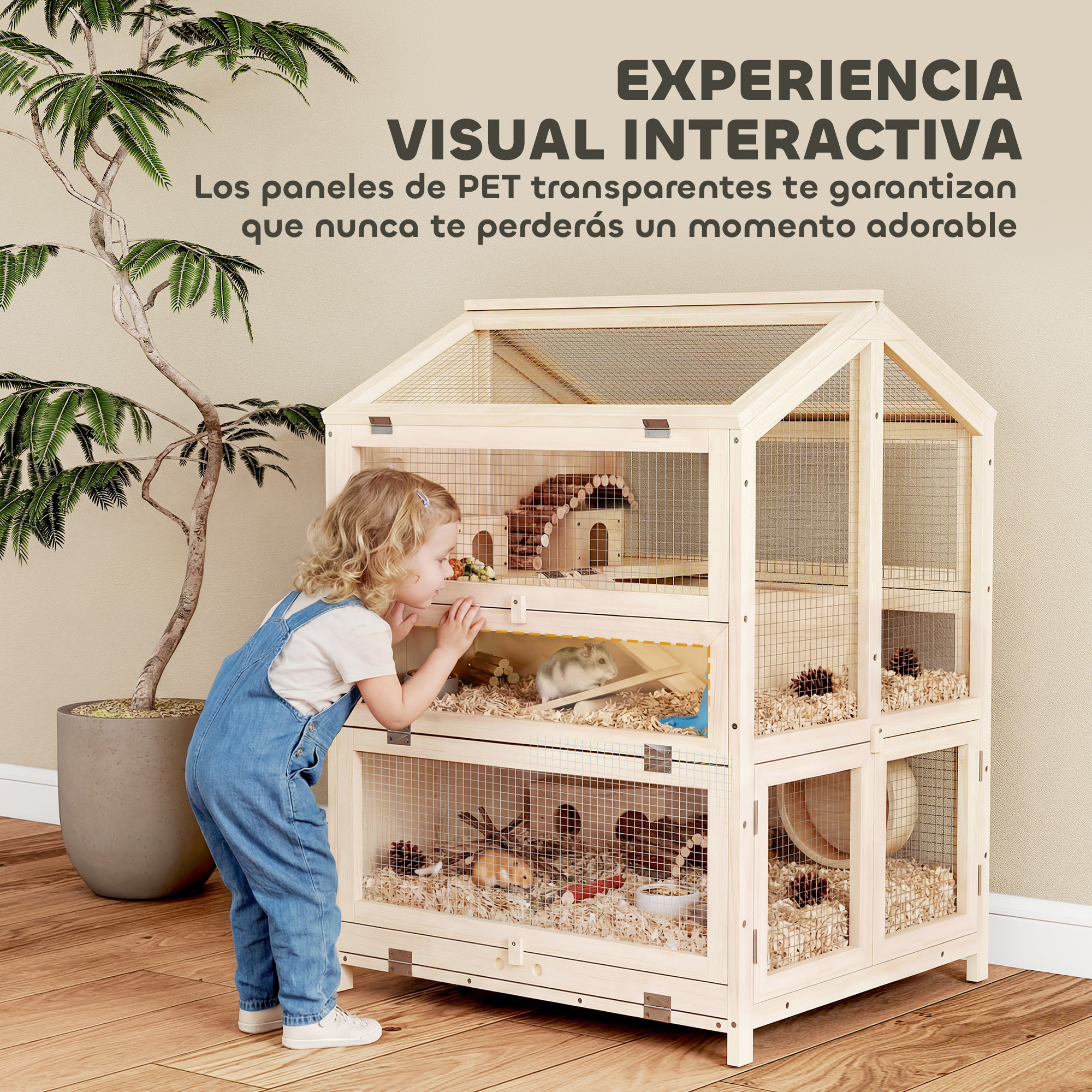 Jaula para Hámster de Madera de 3 Niveles, Casa para Hámster con Bebederos, Casetas, Balancines, Rampas, Bandeja Extraíble y Tapas Abatibles, 68x61,5x90 cm, Natural