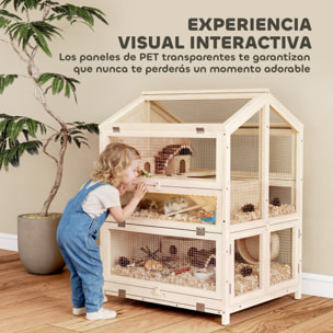 Jaula para Hámster de Madera de 3 Niveles, Casa para Hámster con Bebederos, Casetas, Balancines, Rampas, Bandeja Extraíble y Tapas Abatibles, 68x61,5x90 cm, Natural