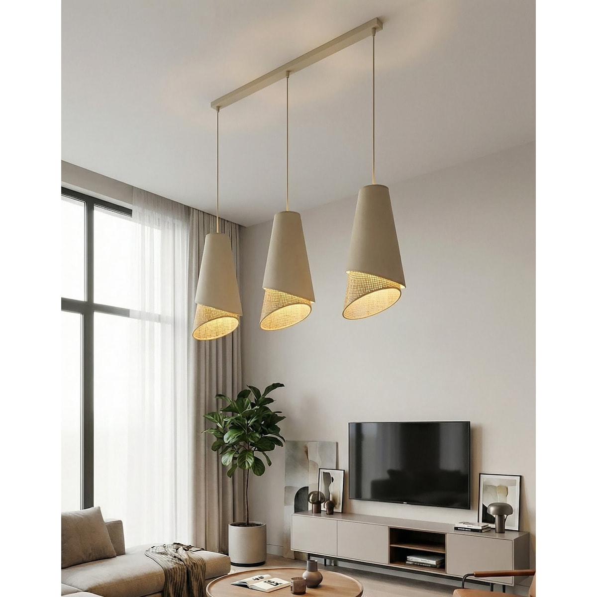Lampada a sospensione MODA in acciaio e tessuto effetto rattan