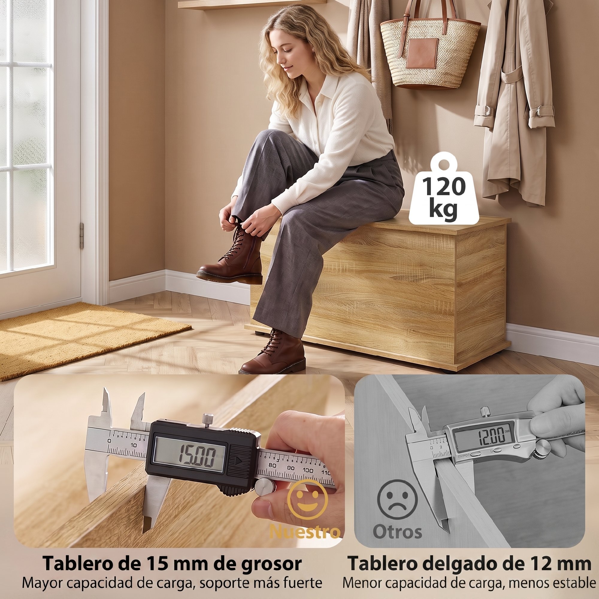 HOMCOM Baúl de Almacenaje 102L, Banco de Almacenaje, Banco Zapatero con Bisagra de Seguridad, Estilo Moderno, para Pasillo, Dormitorio, Recibidor, Salón, 80x40x45 cm, Roble
