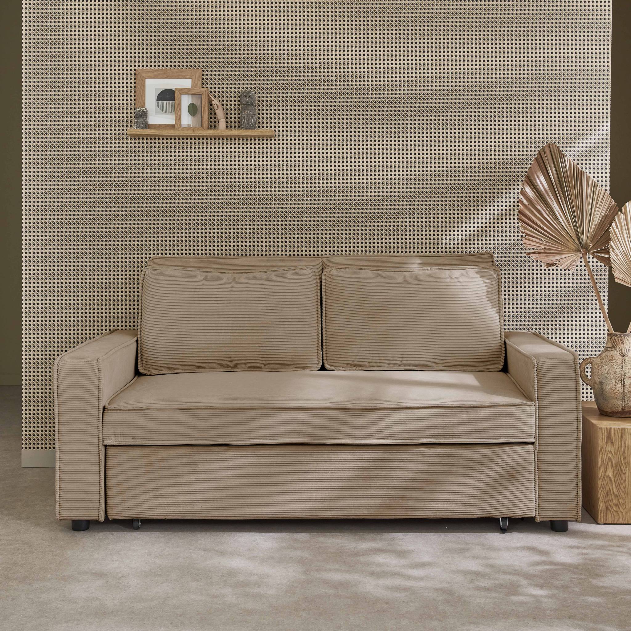 Canapé convertible 3 places blanc beige velours côtelé. banquette. lit