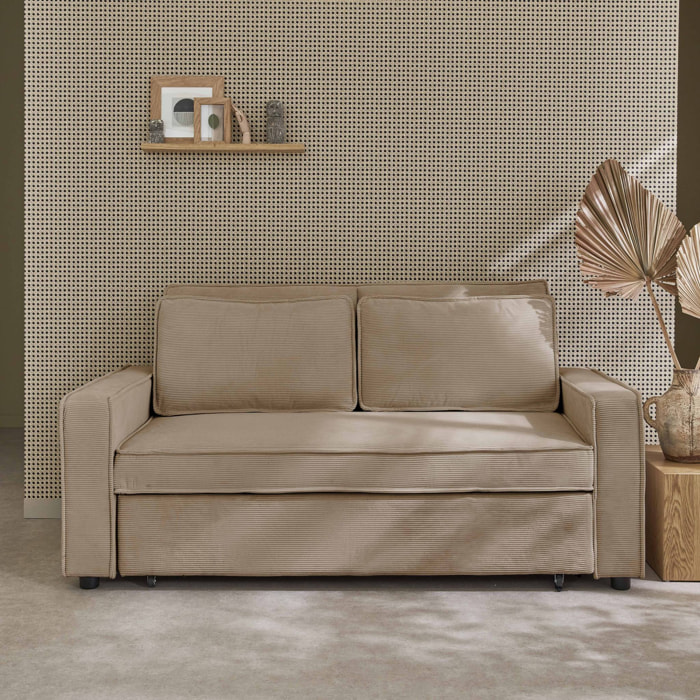 Canapé convertible 3 places blanc beige velours côtelé. banquette. lit