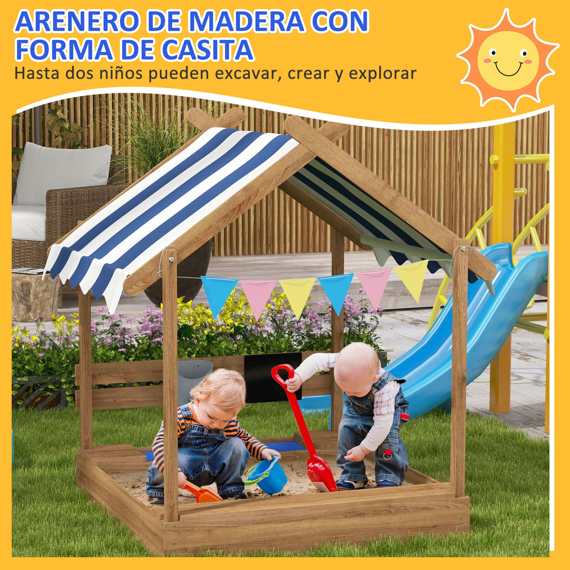 Arenero para Niños de Madera Arenero Infantil con Toldo 6 Banderines 2 Lavabos Grifo y Pizarra en Forma de Casa para Patio Jardín 124x116x146 cm Marrón