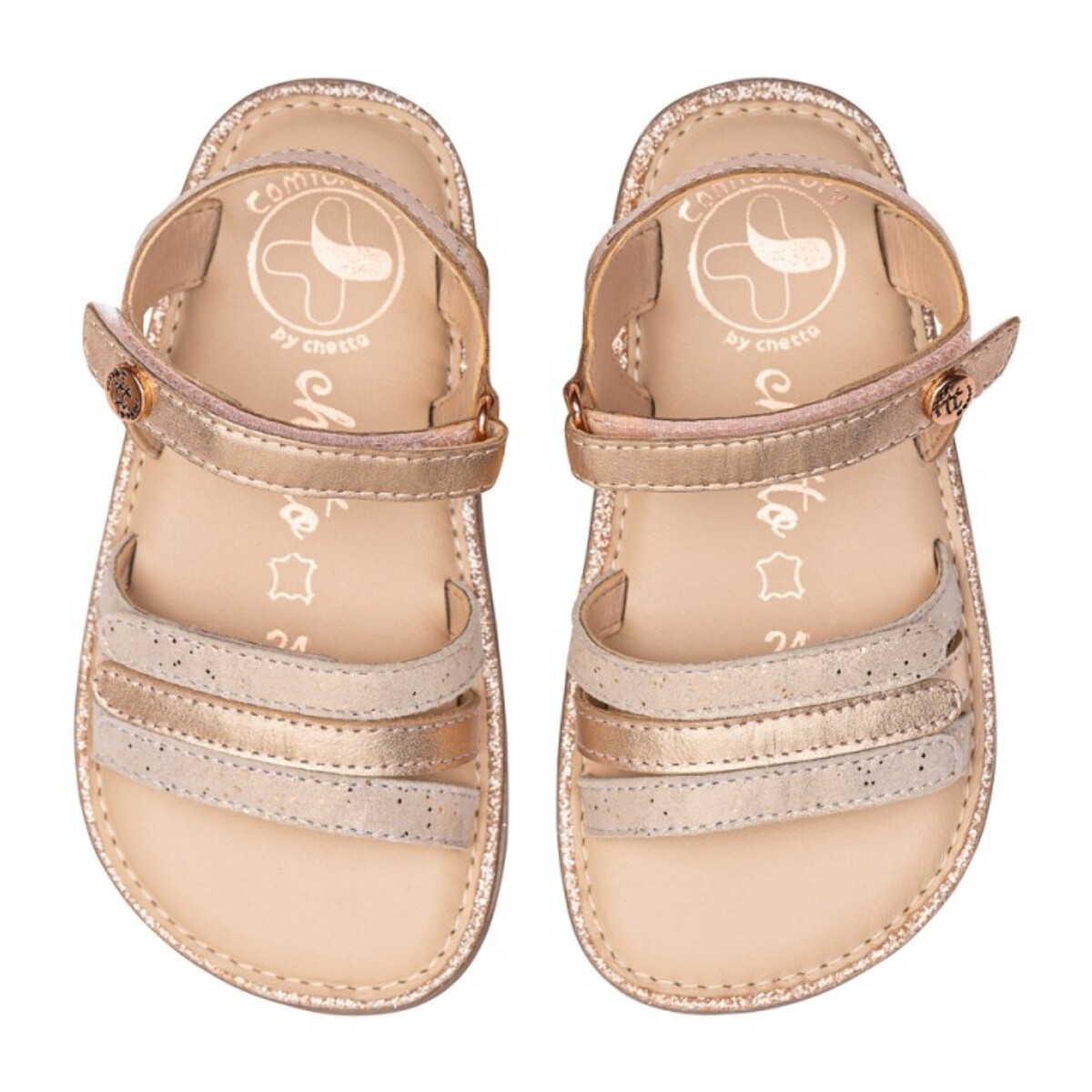 SANDALIA BAREFOOT ORO ROSADO - VELCRO Y ACABADO METÁLICO