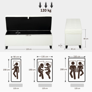 Puff Almacenaje Banco Almacenaje 112L Tapizado en Lino con 2 Bisagras de Seguridad Tapa Abatible y Asiento con Capitoné para Dormitorio Salón Entrada Carga 120 kg 120x40x48 cm Crema