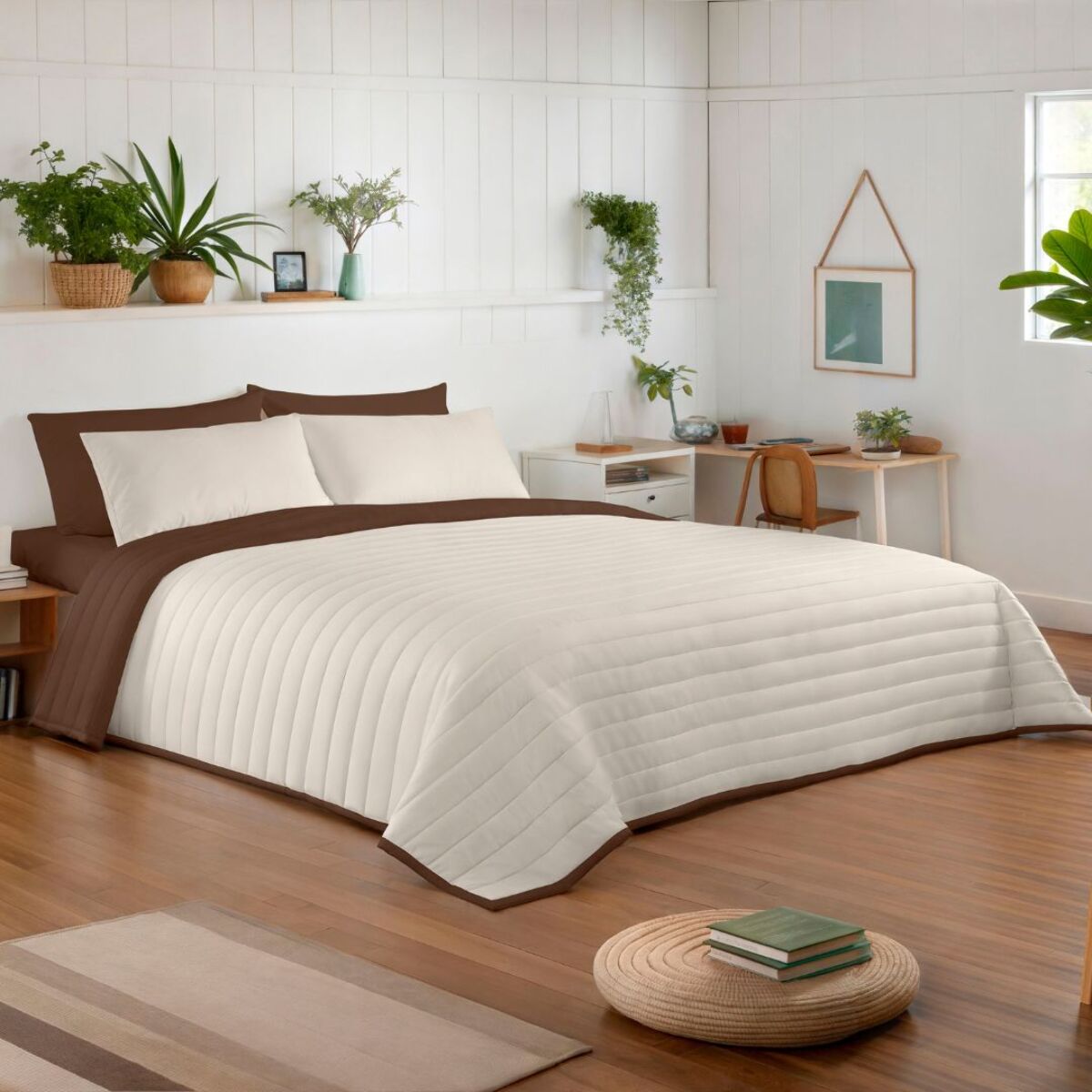 Naturals - Colcha Bouti - Lisa - Reversible - 100% Microfibra - 70 gr/m² - Marrón/Vainilla