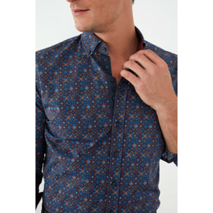 Camicia Uomo 1 Bottoni Button Down Slim Popeline Stampato Blu e Rosso