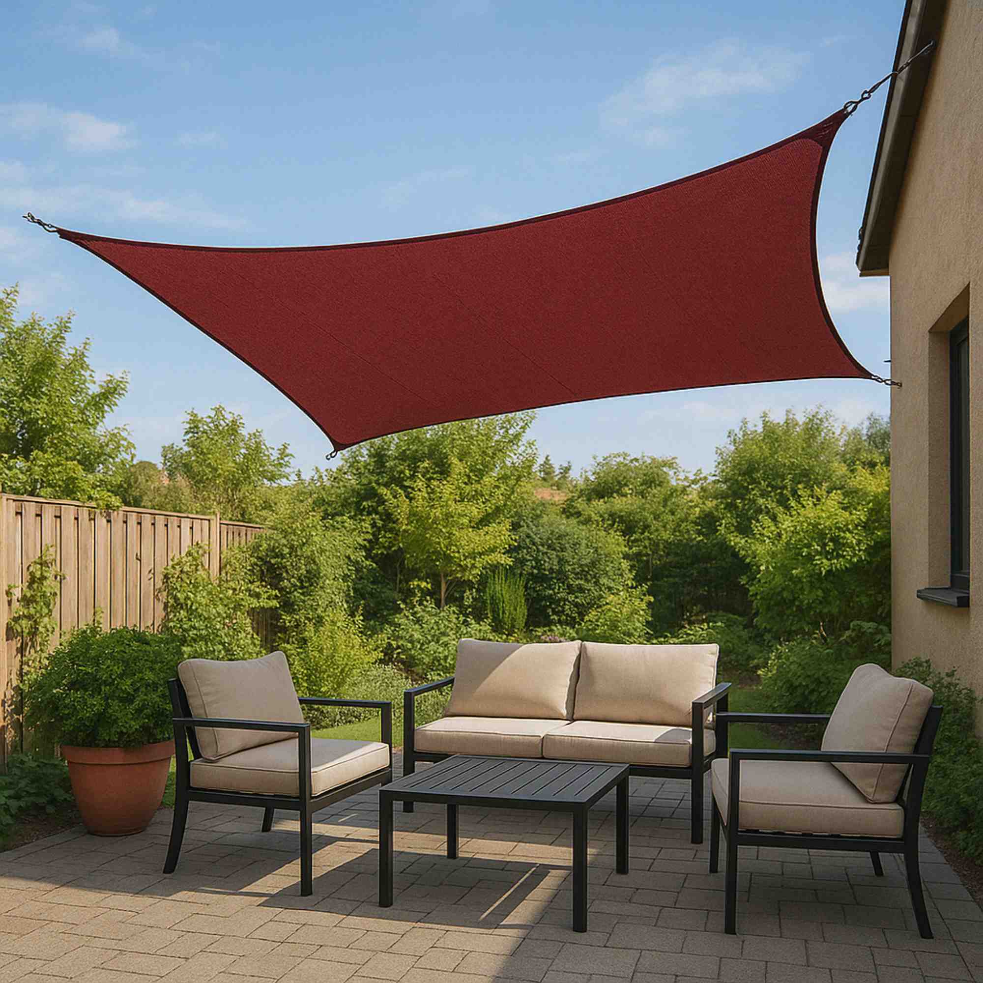 Paño de sombra cuadrado en poliéster rojo burdeos 3x3m, con ganchos de metal y bolsa de transporte