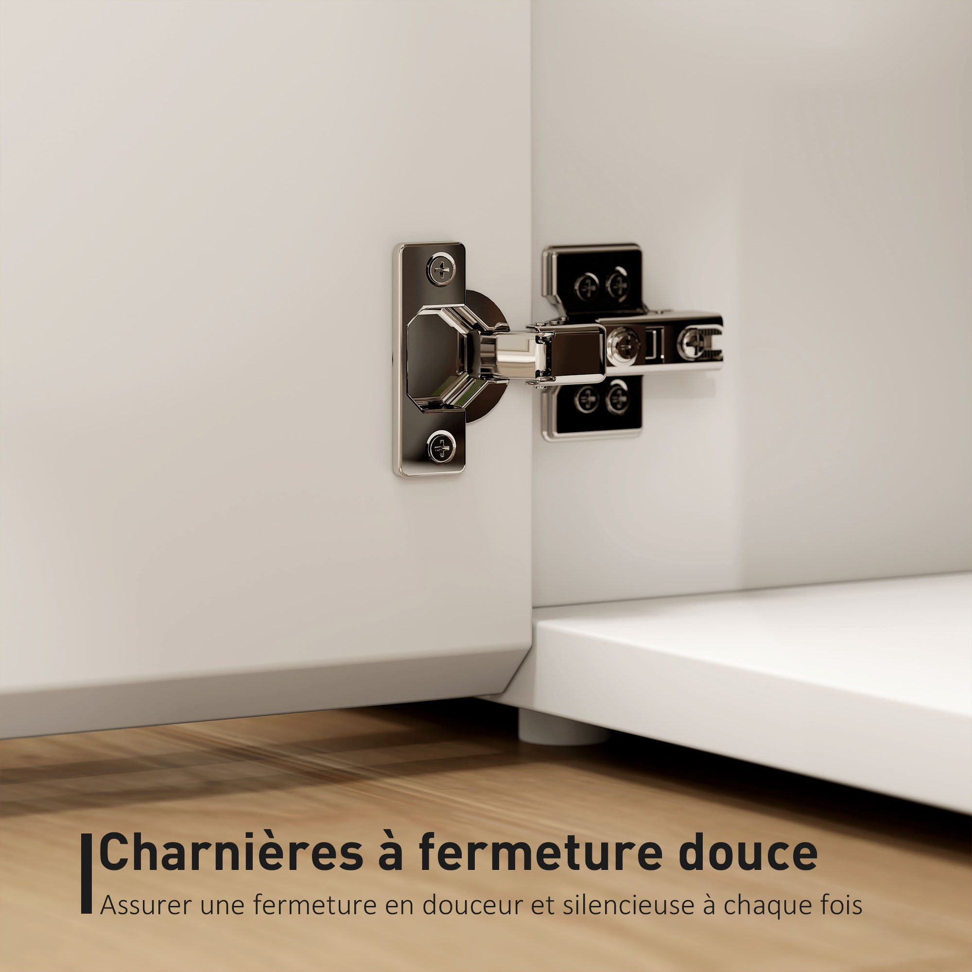 Meuble TV 135 cm, meuble télé pour téléviseur jusqu'à 65 pouces avec 4 portes à fermeture amortie, étagère réglable et passe-câbles, banc TV pour salon, chambre à coucher, blanc