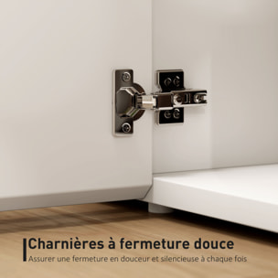 Meuble TV 135 cm, meuble télé pour téléviseur jusqu'à 65 pouces avec 4 portes à fermeture amortie, étagère réglable et passe-câbles, banc TV pour salon, chambre à coucher, blanc