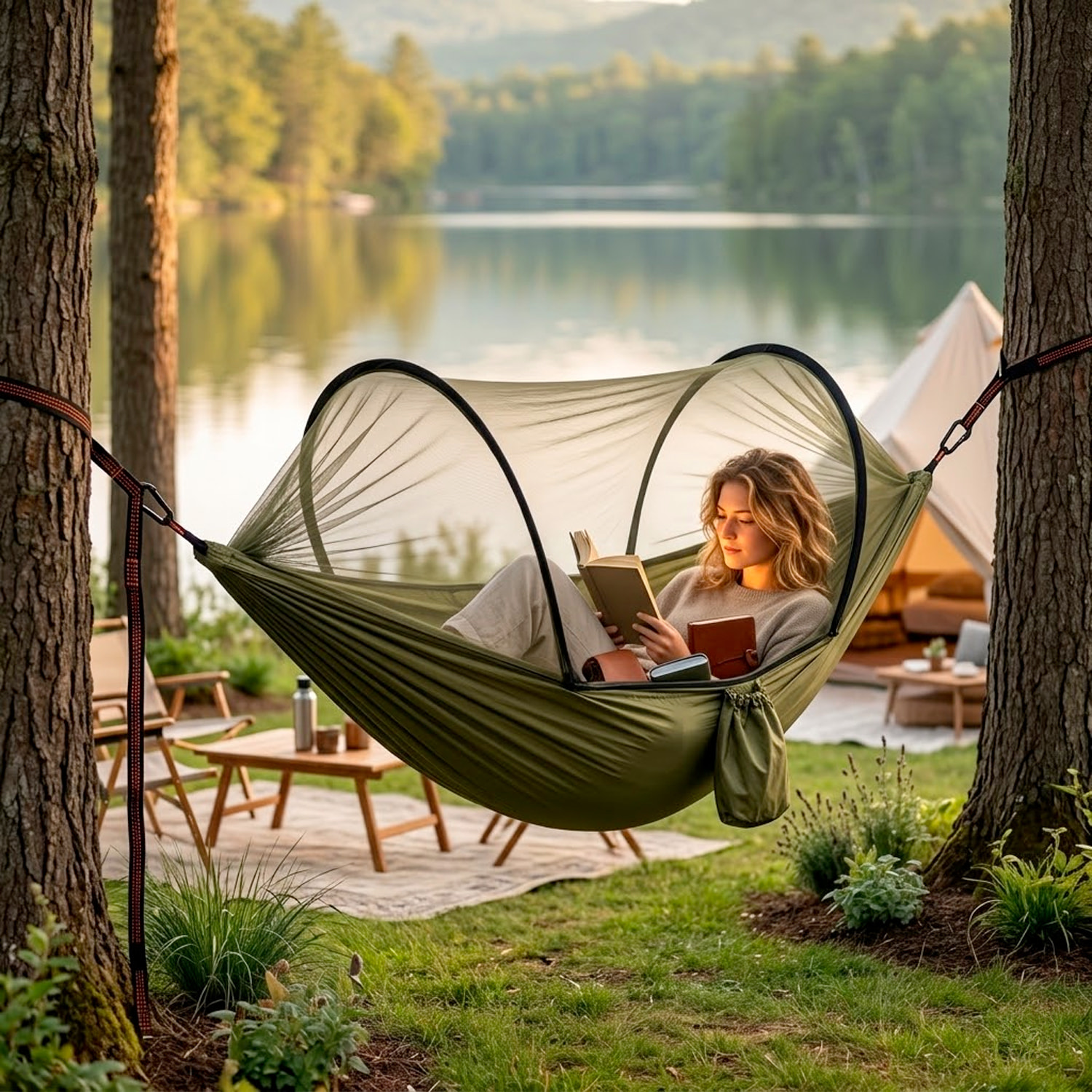 Amaca Da Campeggio Con Zanzariera Integrata 3 In 1 In Nylon 210T Portatile Per Trekking Escursioni Spiaggia Giardino Outdoor Supporto 300 Kg 270 x 140 Cm Verde Militare