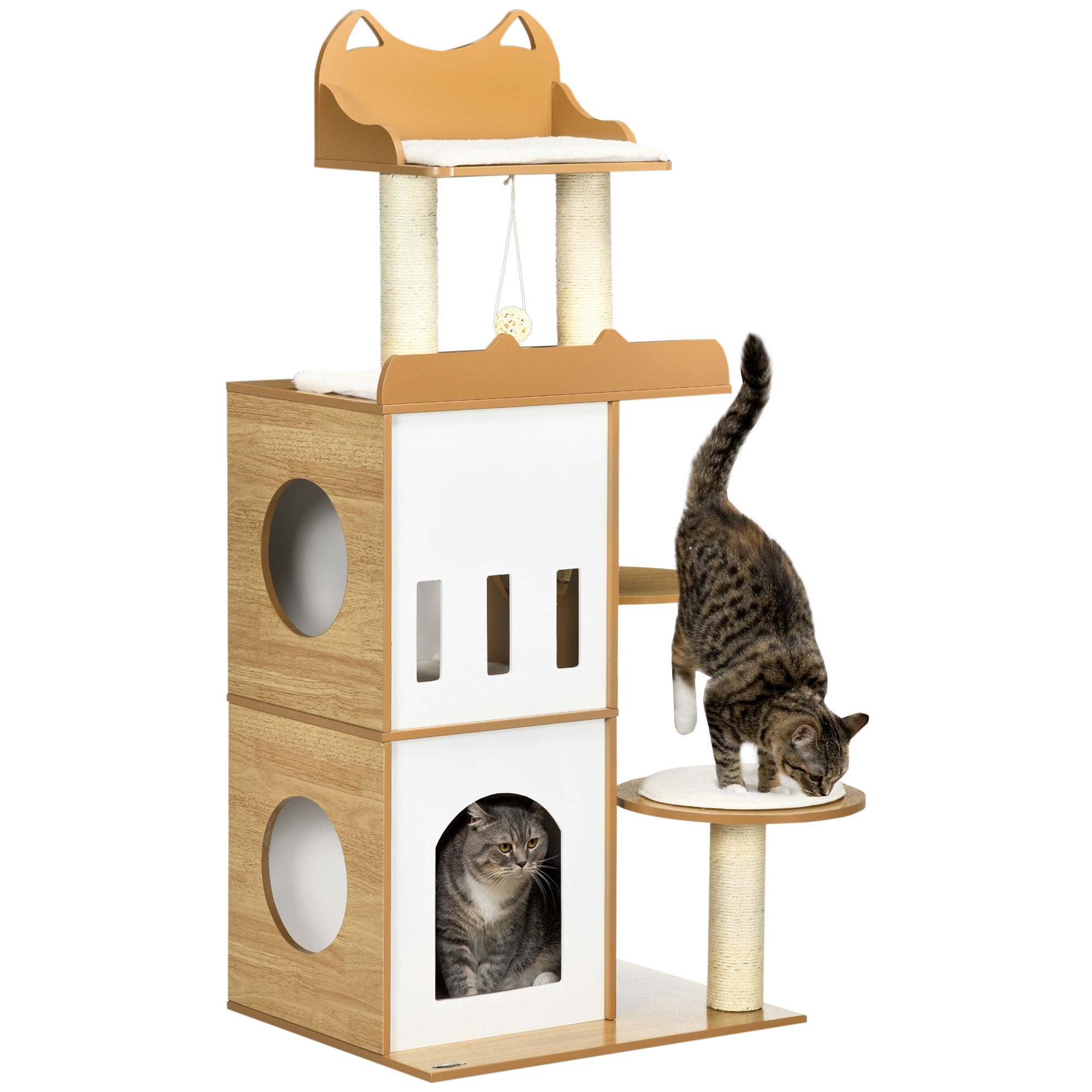 Arbre à chat design contemporain griffoir sisal naturel 2 niches plateformes jeu boule suspendue MDF blanc aspect hêtre clair