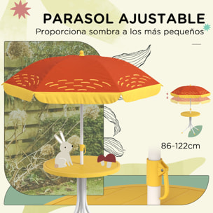 Conjunto de Mesa y Sillas para Exterior Infantil Set de 2 Sillas Plegables y Mesa para Niños Mesa con Sombrilla Ajustable en Altura Temática de León para Jardín Patio Amarillo y Marrón