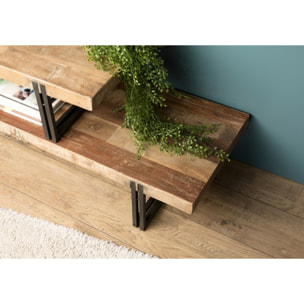 SIXTINE - Meuble TV marron 2 niveaux Teck recyclé Acacia Mahogany recyclé et métal noir