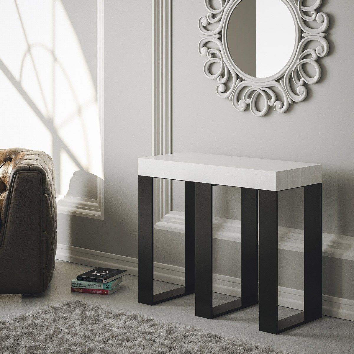 Console extensible 90x40/196 cm Sintesi Small Frêne Blanc cadre Anthracite