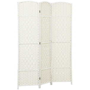 Paravent intérieur 3 panneaux pliables en bois séparateur de pièce style bohème tissé blanc