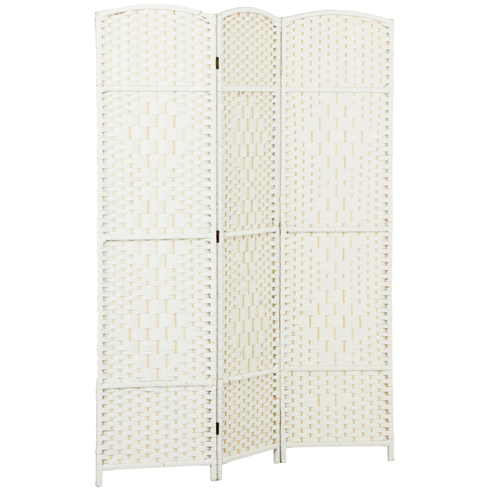 Paravent intérieur 3 panneaux pliables en bois séparateur de pièce style bohème tissé blanc