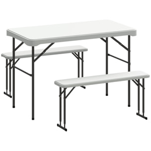 Ensemble table 2 bancs pliables avec poignées - usage pique-nique camping - métal époxy HDPE gris clair
