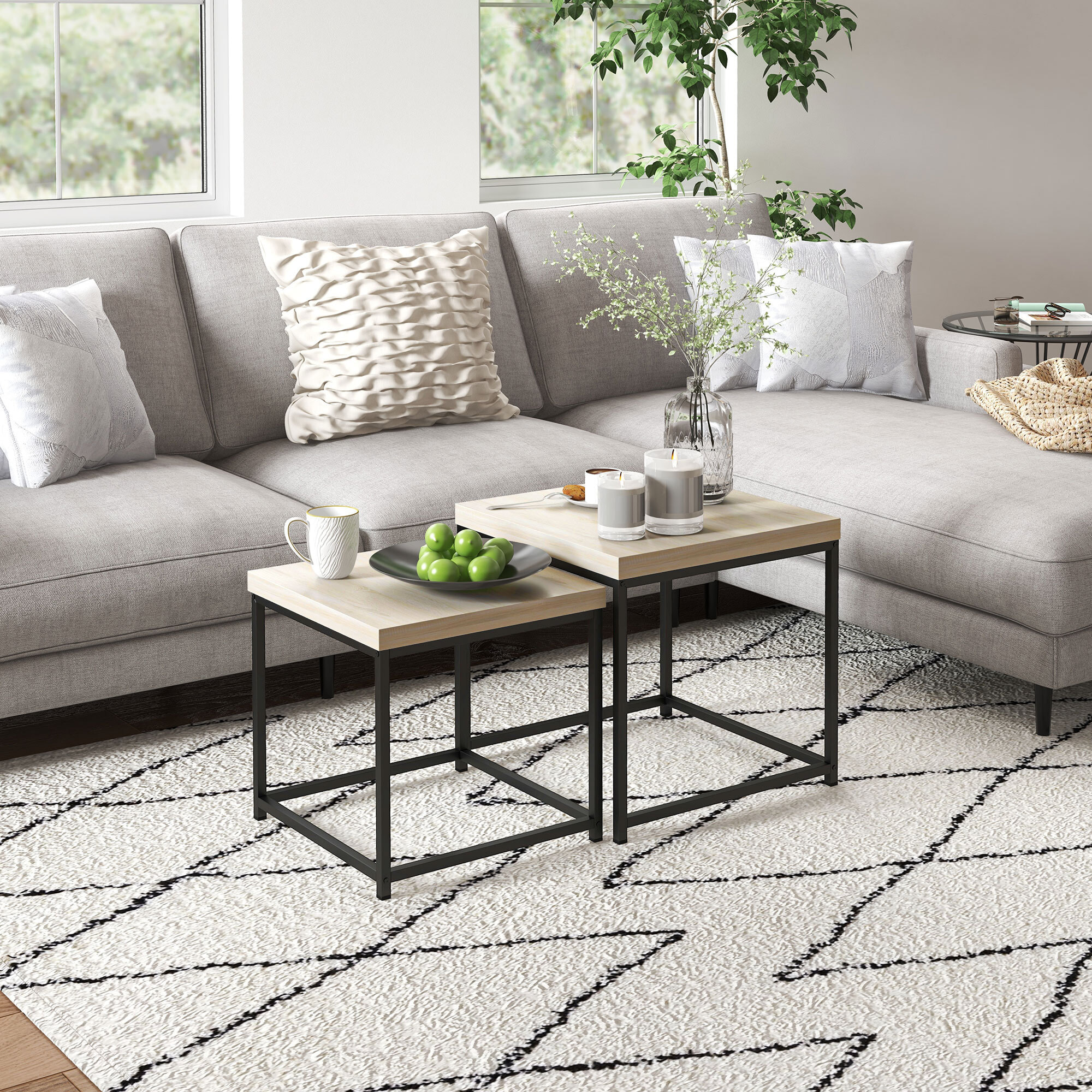 Juego de 2 Mesas de Centro, Mesa Nido Moderna, Mesitas Auxiliares, Patas de Acero, para Salón, Dormitorio, Oficina, Roble