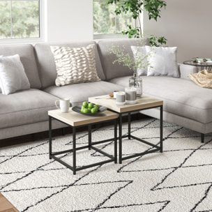 Juego de 2 Mesas de Centro, Mesa Nido Moderna, Mesitas Auxiliares, Patas de Acero, para Salón, Dormitorio, Oficina, Roble