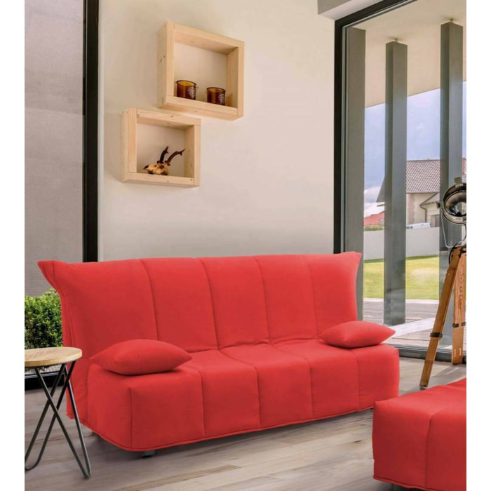 Divano letto 2 posti Ariska, Sofà Soggiorno con apertura a carrello in tessuto imbottito, Cuscini inclusi, 100% Made in Italy, Cm 125x90h85, Rosso