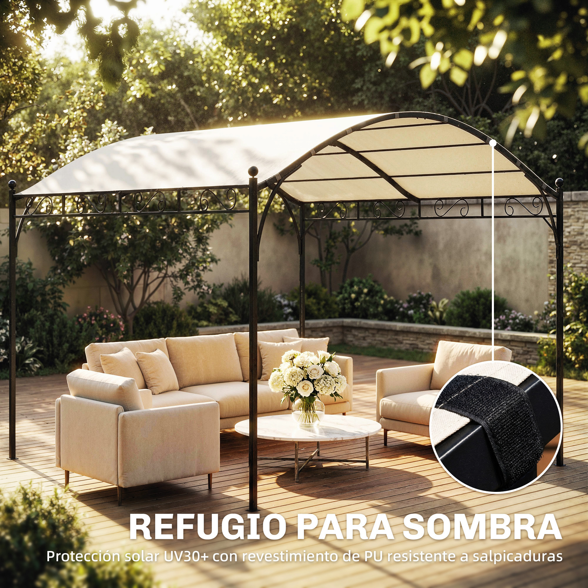 Pérgola de Jardín 3x3 m, Cenador de Jardín con Techo Arqueado, Dosel UV30+ y Estructura de Metal Galvanizado, Pabellón para Exterior, Patio, Terraza, Blanco Crema
