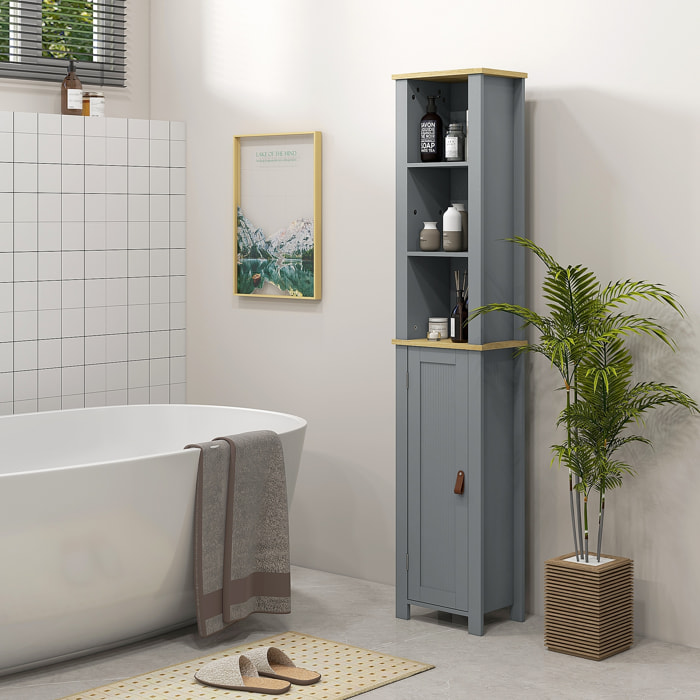 Meuble colonne rangement de salle de bain sur pied porte 2 étagères 3 niches aspect bois clair gris