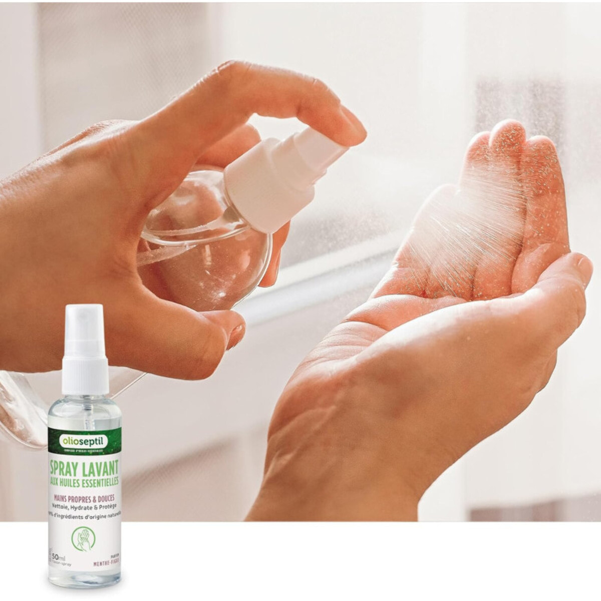 OLIOSEPTIL - Spray Lavant aux Huiles Essentielles - Mains propres et douces - 98% d'ingrédients d'origine naturelle - Nettoie, hydrate & protège - Sans rinçage - Parfum Menthe-Figue - Spray 50ml - Lot de 3