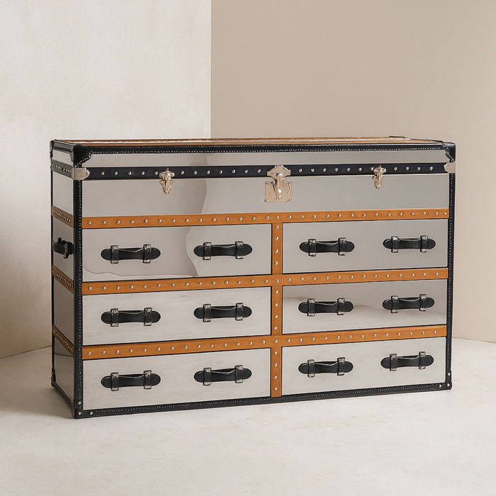 Commode 6 tiroirs en acier inoxydable et cuir  ILLIADE