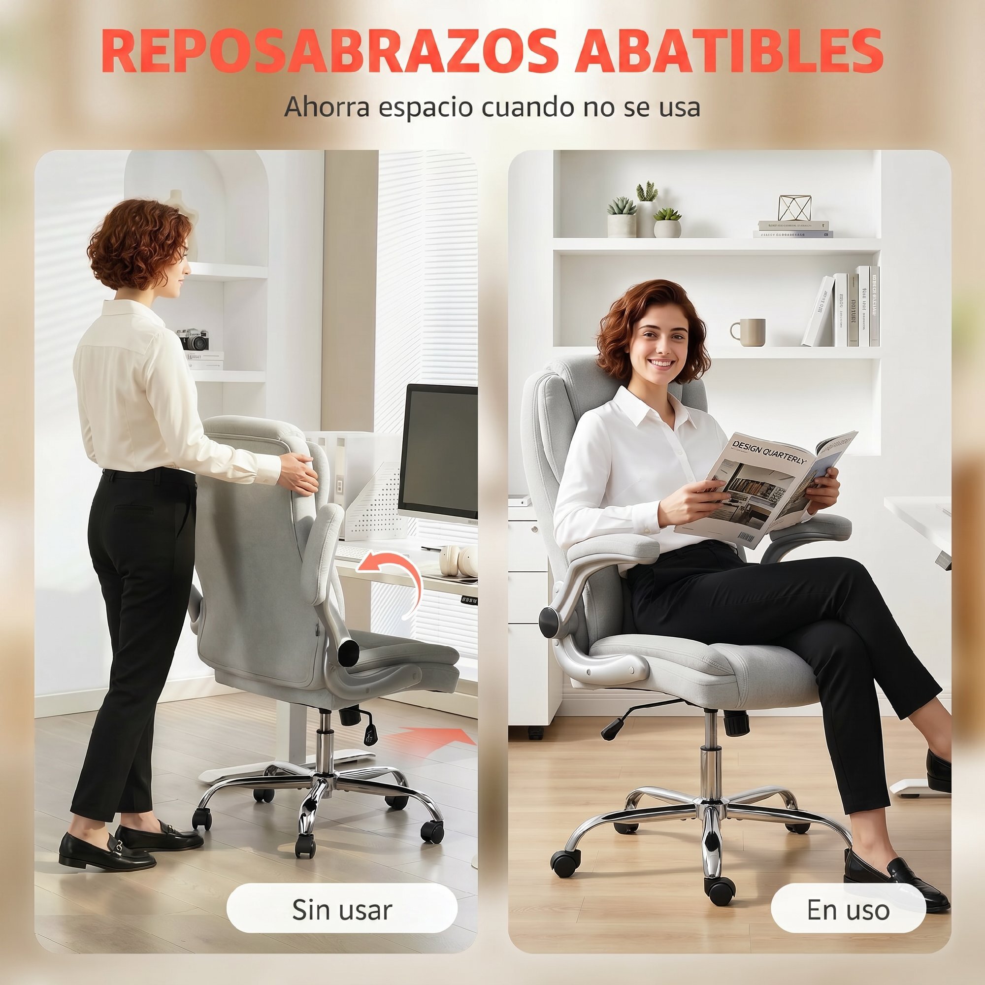 Silla de escritorio Ergonómica, Silla de Oficina con Respaldo Alto, Reposabrazos Abatibles, Asiento con Muelles, Altura Ajustable, Función Basculante, Tapizado en Terciopelo, Crema