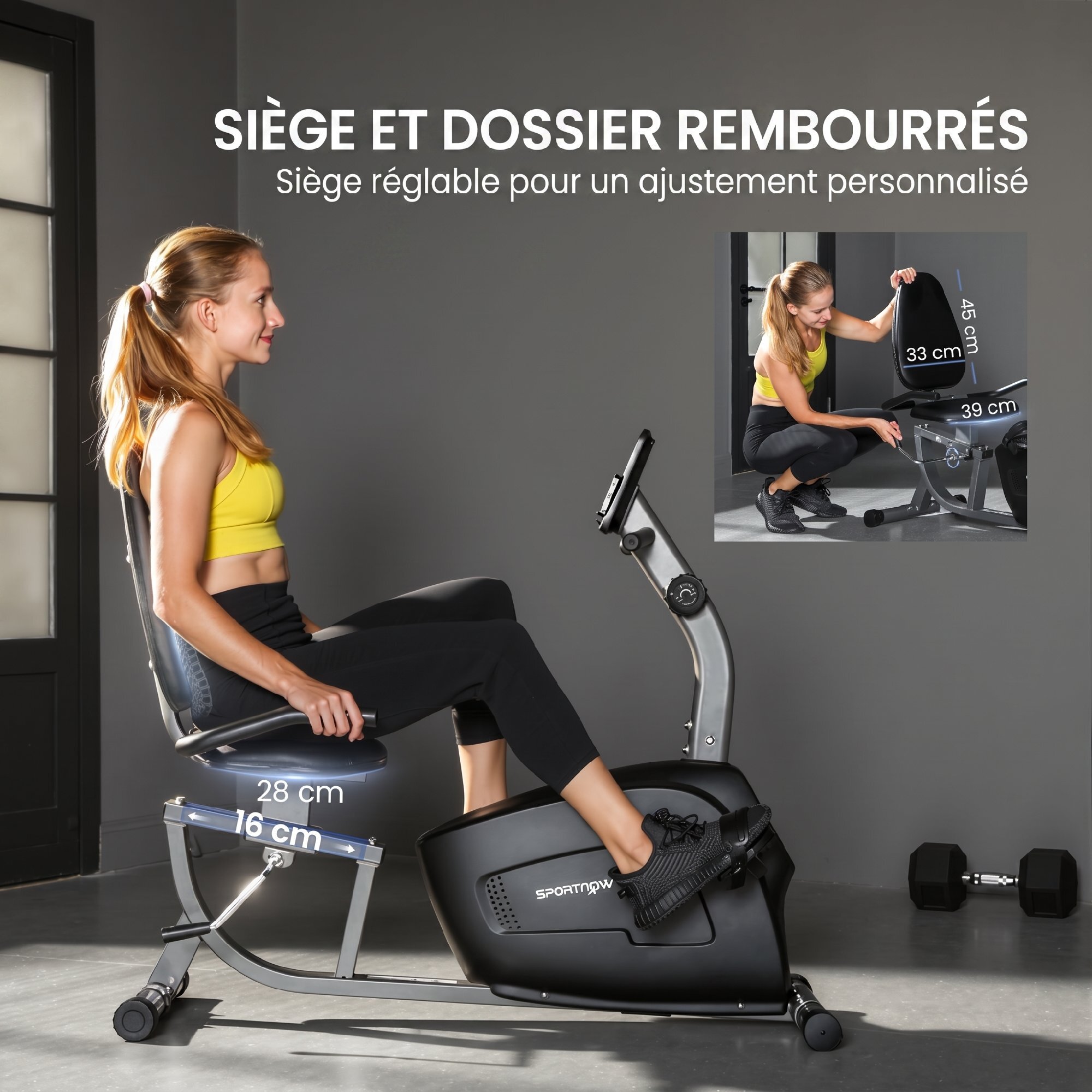 Vélo d'appartement semi-allongé réglable écran LCD multifonction noir