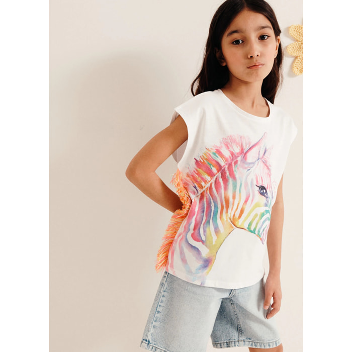 T-shirt stampa zebra con frange