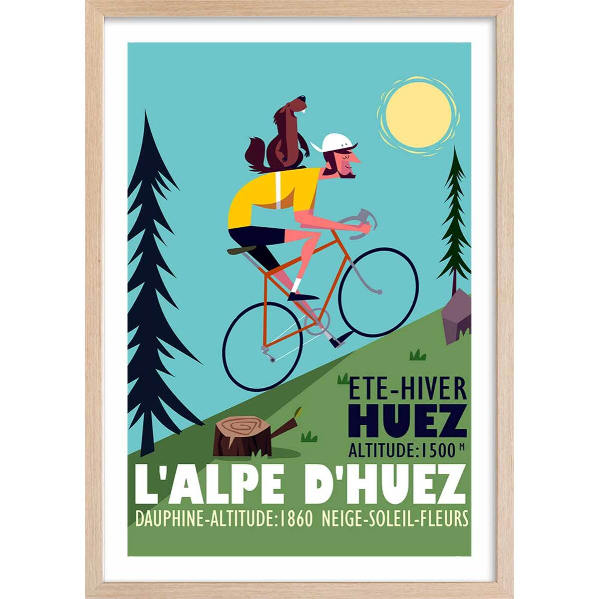 Poster de la montée de l'alpe d'huez Affiche + cadre en bois - Chêne