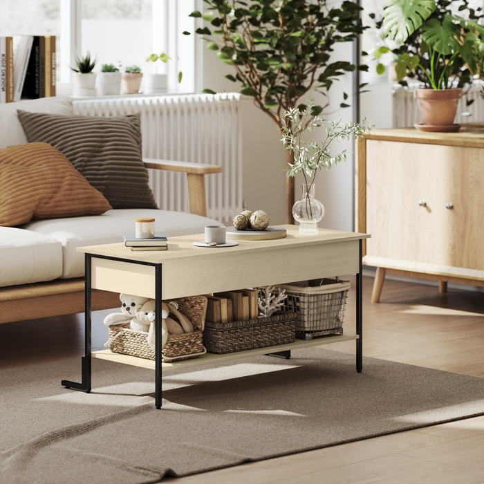 Table basse relevable style industriel - étagère - plateau relevable H.46-59 cm - métal noir effet bois clair