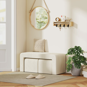 Juego de 3 Bancos Zapateros, Grande y 2 Pequeños, Bancos Recibidores Modernos de Pana, Diseño Compacto, Mesa Auxiliar para Salón, Entrada, Pasillo, Dormitorio, 104x44x48 cm, Crema