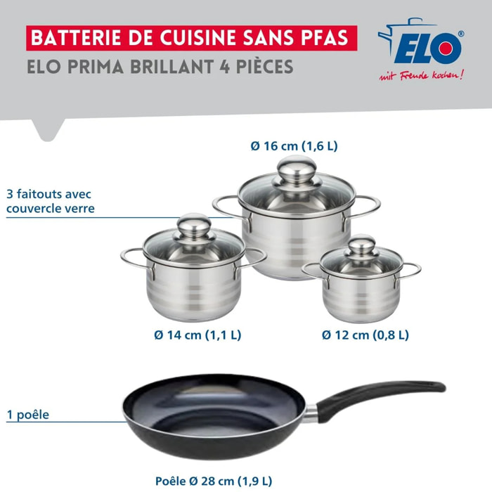 Ensemble de 1 Poêle de cuisson 28 cm et 3 faitouts 12, 14 et 16 cm Elo Prima Brillant