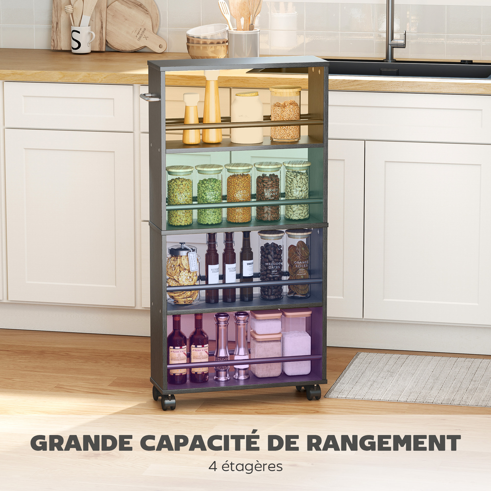 Chariot de rangement 4 niveaux - desserte à roulettes - cuisine ou salle de bain - noir
