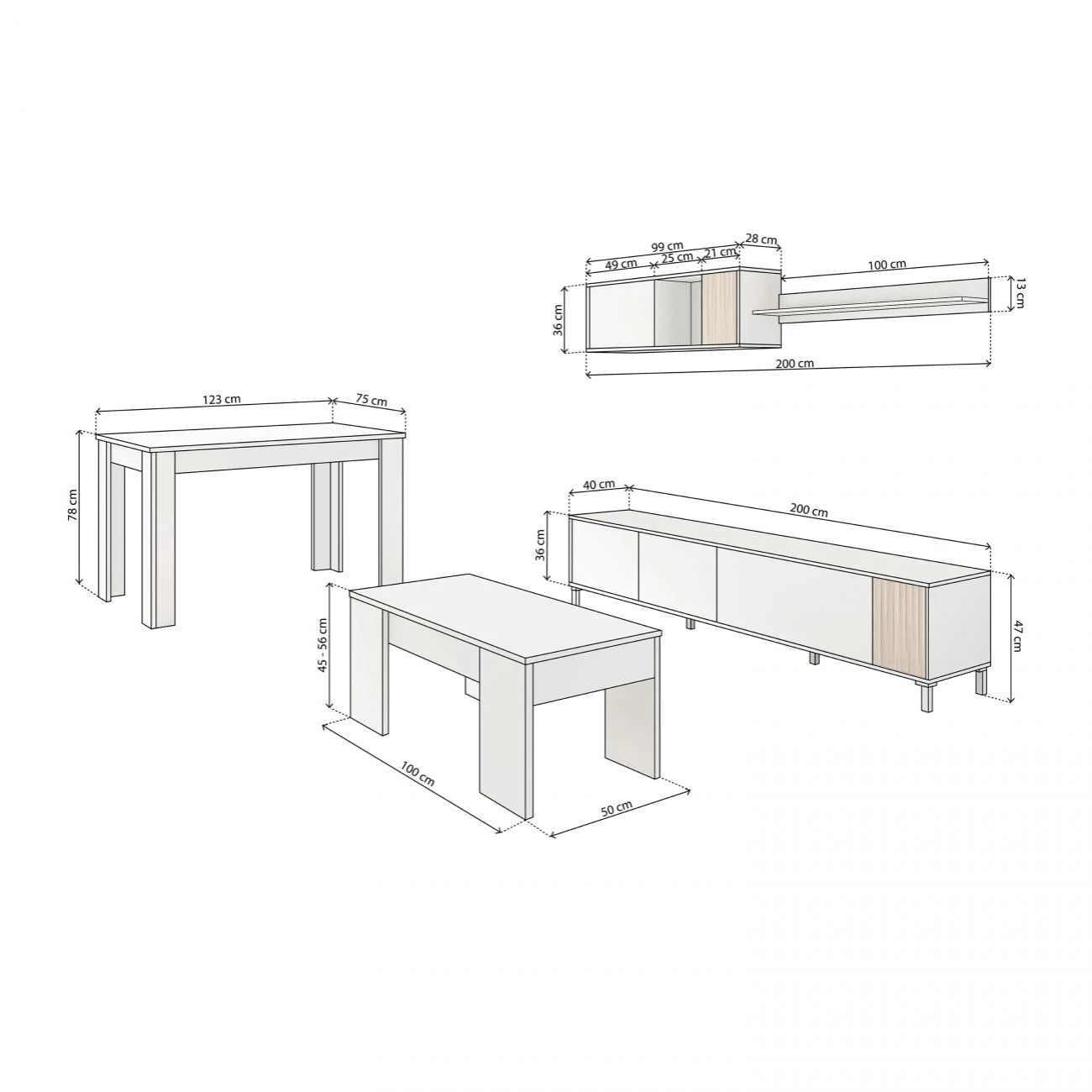 Pack salón con mesa de centro y mesa de comedor Nitza Max V2B Blanco Artik (Blanco Mate) - Natur