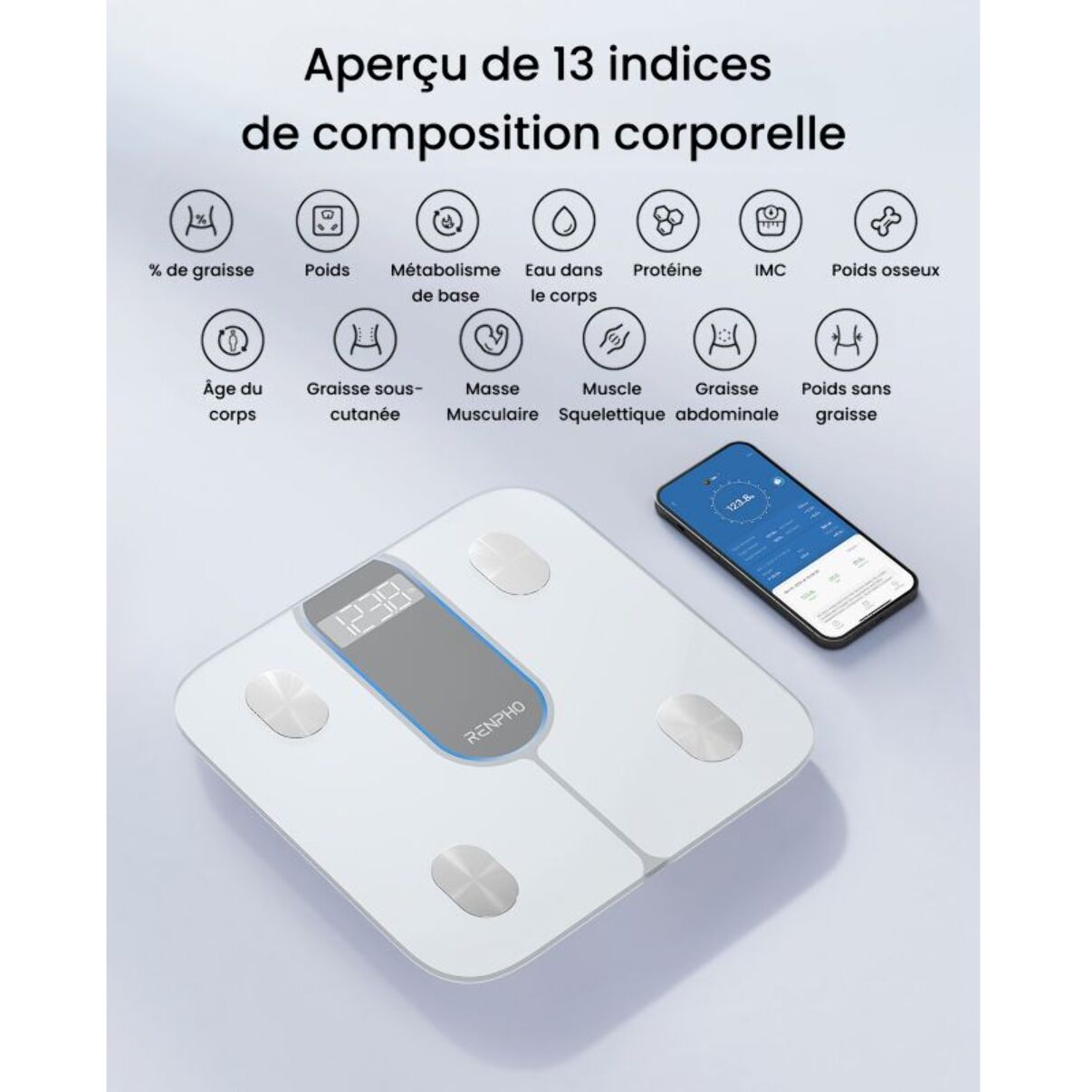 Pèse personne et capteur de silhouette connectés RENPHO Elis 1C Verre Trempé, Bluetooth, Max. 180 kg, Connecté, 13 Données Corporelles