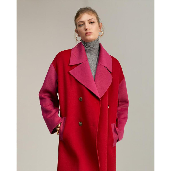 Cappotto lungo bicolore in lana double face fatto a mano