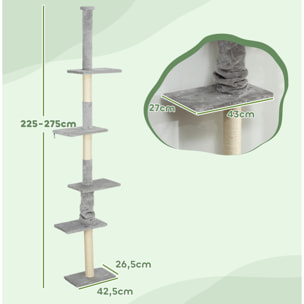 Árbol para Gatos de Suelo a Techo 225-275 cm Árbol Rascador para Gatos Torre para Gatos con Múltiples Plataformas Sistema de Antivuelco Gris Claro