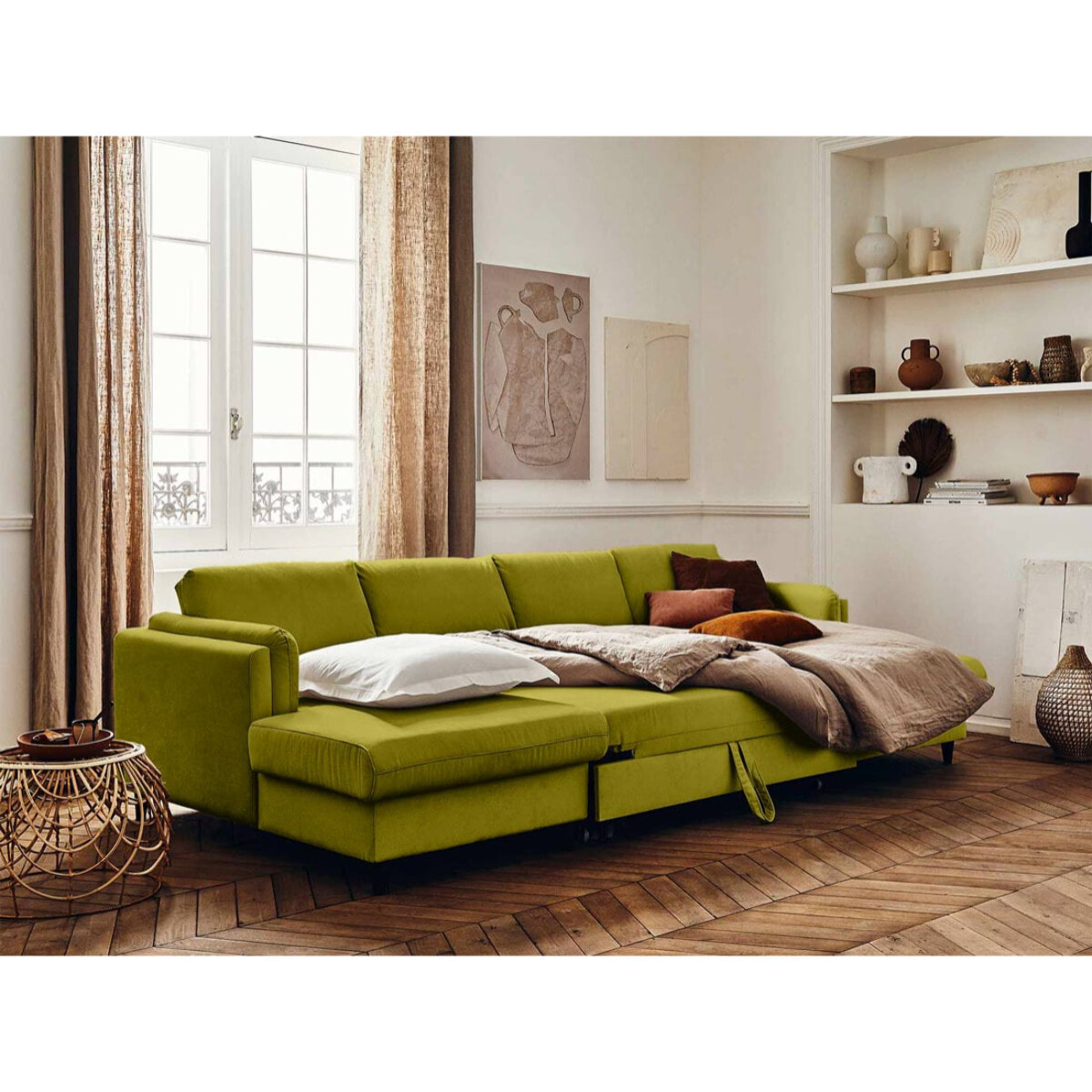 Brooke - canapé panoramique en U - 7 places - convertible avec coffre - en velours - Vert Olive