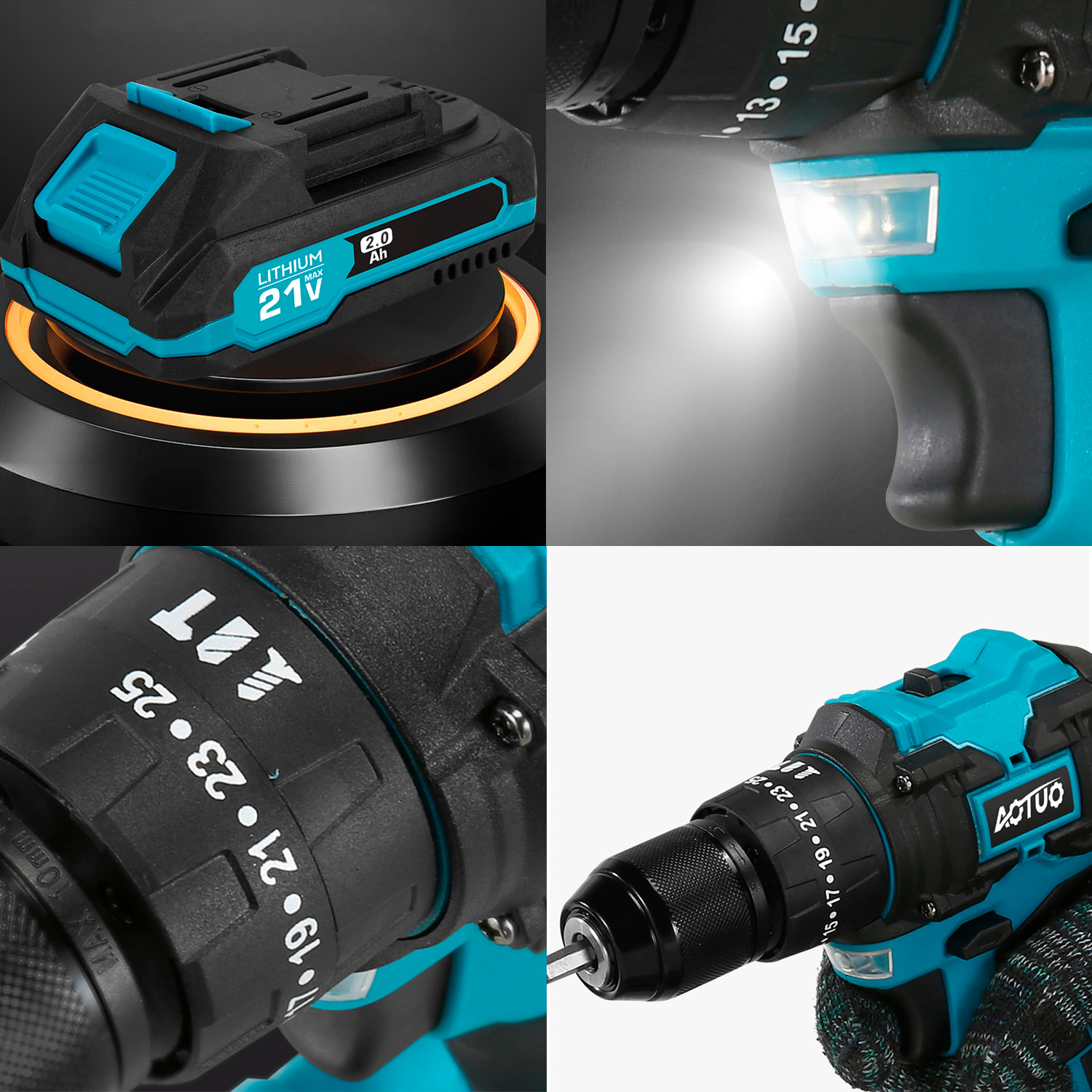 Trapano elettrico senza filo da 21V con motore senza spazzole e doppia velocità, valigetta per il trasporto con 24 accessori e doppia batteria da 10000 mAh.