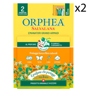 2x Orphea Salvalana Emanatori Grandi Armadi Protegge Lana e Fibre Naturali Sandalo e Bergamotto - 2 Confezioni da 2 Emanatori