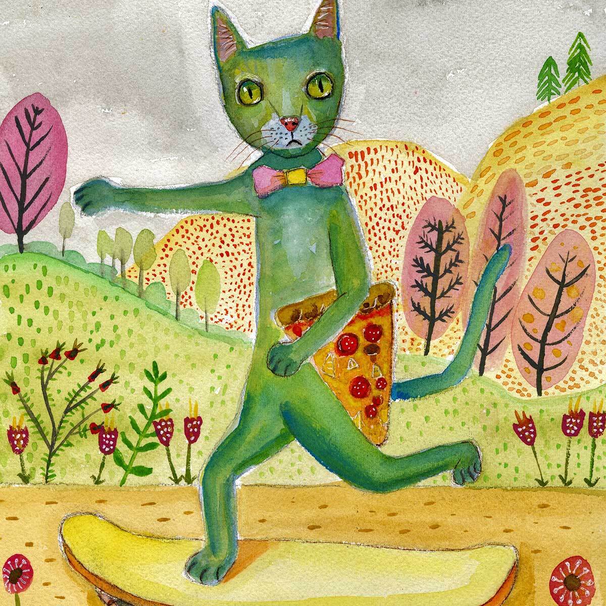Affiche enfant pizza cat  Affiche + cadre en bois - Chêne