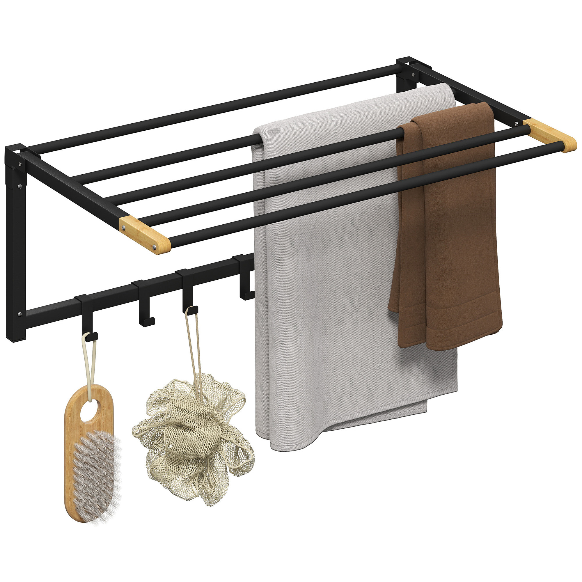 Toallero de Baño de Pared, Toallero Plegable con 5 Barras y 6 Ganchos, para Toallas, Baño, 60 cm, Negro