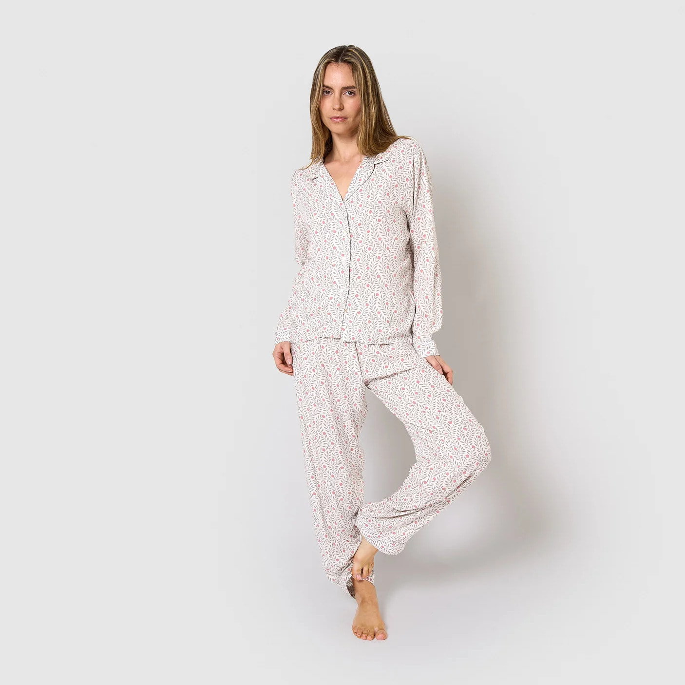 Pijama largo camisero de viscosa zulu verde seco/rosette