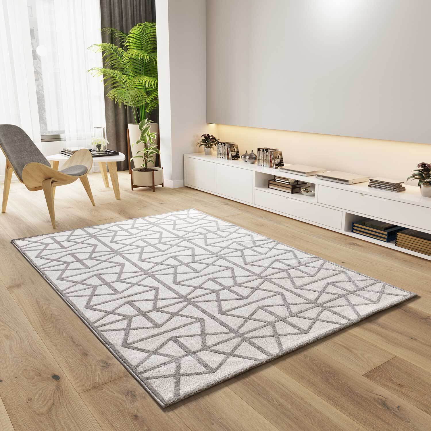 FLORA Alfombra geomÃ©trica con relieve en tonos blanco y gris, varias medidas disponibles