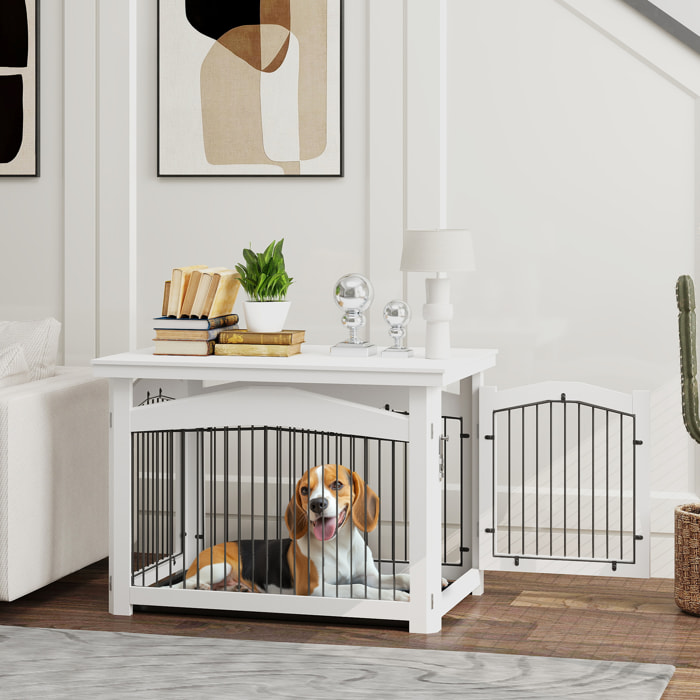 Jaula para Perros Medianos 3 en 1 Mesa Auxiliar Barrera para Perros con Puerta con Pestillo Tapa Superior Desmontable y Bandeja Extraíble 82,5x57,5x59,5 cm Blanco